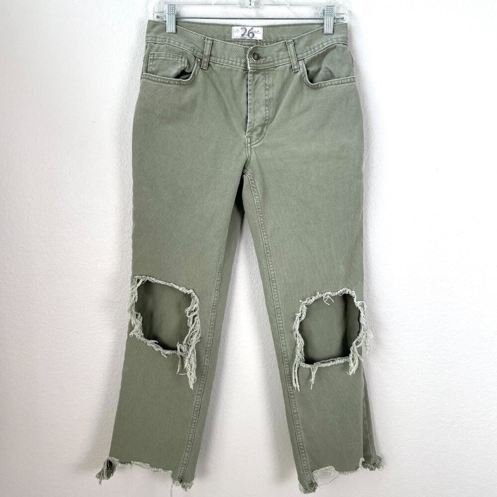 We the Free People 26 Green‎ Maggie Jeans Distressed Straight Button Fly Frayed